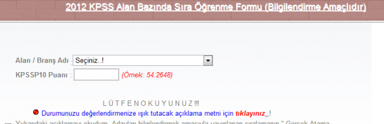 2012 KPSS Alan Bazında Sıra Öğrenme Formu
