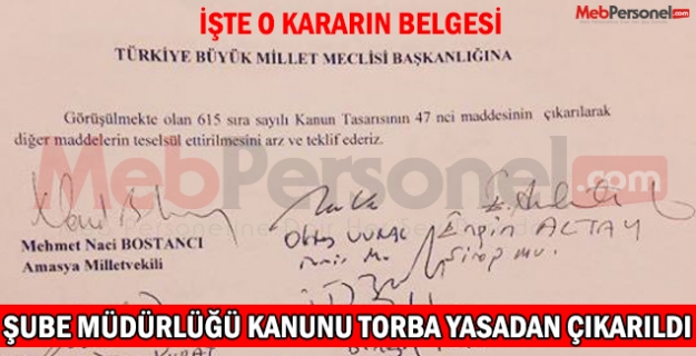 ŞUBE MÜDÜRLÜĞÜ KANUNU TORBA YASADAN ÇIKARILDI