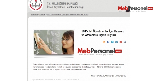 MEB'den 2015 Öğretmen Atamalarına İlişkin Duyuru