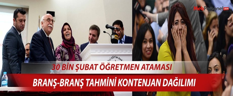 2016 Yılı Öğretmen Atamaları - 30 Bin Şubat Ataması-Tahmini Branş Kontenjan Dağılımı