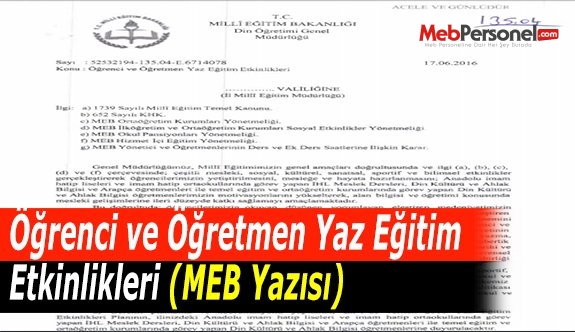 Öğrenci ve Öğretmen Yaz Eğitim Etkinlikleri (MEB Yazısı)