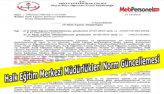 Halk Eğitim Merkezi Müdürlükleri Norm Güncellemesi
