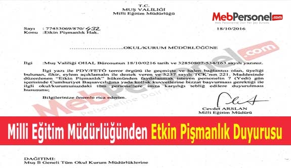 Milli Eğitim Müdürlüğünden Etkin Pişmanlık Duyurusu