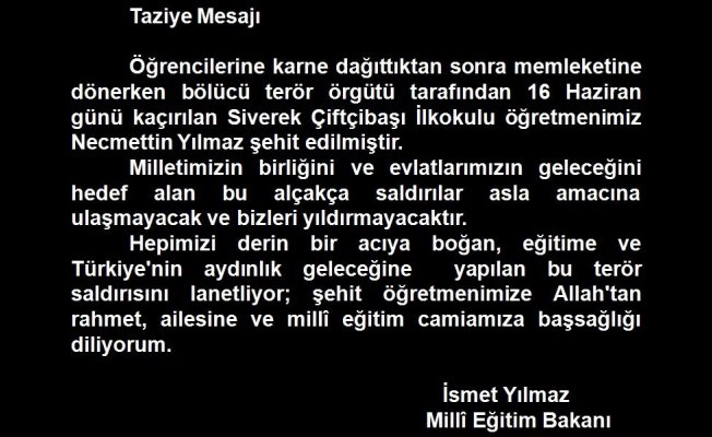 Bakan Yılmaz, Şehit Öğretmen İçin Taziye Mesajı Yayımladı