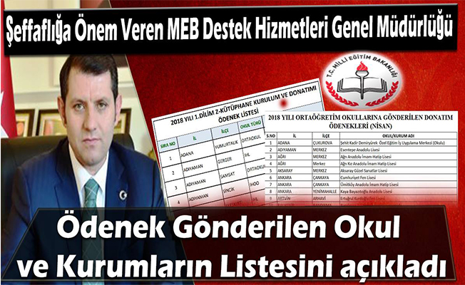 Şeffaflığa Önem Veren MEB Destek Hizmetleri Genel Müdürlüğü Ödenek Gönderilen Okul ve Kurumların Listesini açıkladı
