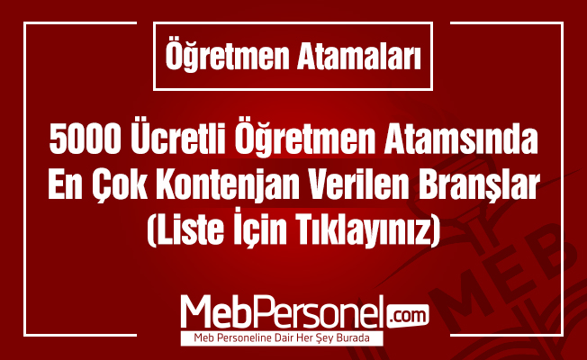 5000 Ücretli Öğretmen Atamasında En Fazla Ataması Yapılacak Branşlar