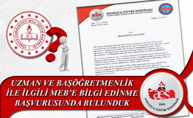 AES, UZMAN VE BAŞÖĞRETMENLİK İLE İLGİLİ MEB’E BİLGİ EDİNME BAŞVURUSUNDA BULUNDU