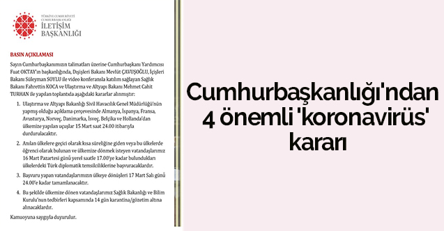 Cumhurbaşkanlığı'ndan 4 önemli 'koronavirüs' kararı