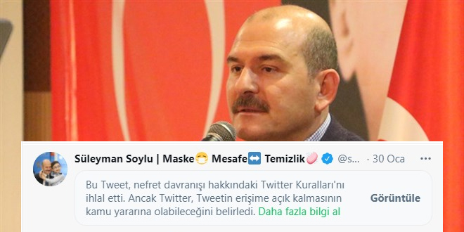 Twitter, Süleyman Soylu'nun bir paylaşımını daha kısıtladı
