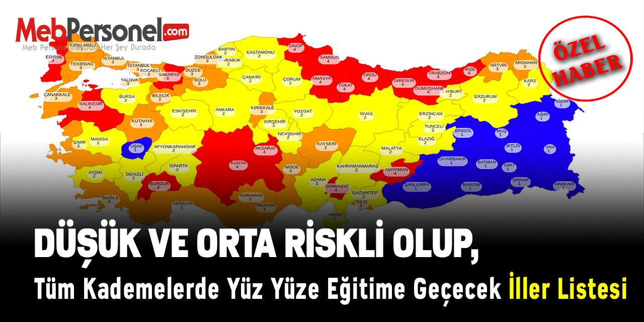 Düşük ve Orta Riskli Olup, Tüm Kademelerde Yüz Yüze Eğitime Geçecek İller Listesi