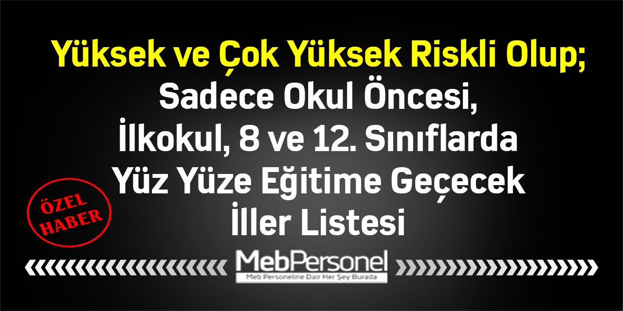 Yüksek ve Çok Yüksek Riskli Olup; Sadece Okul Öncesi, İlkokul, 8 ve 12. Sınıflarda Yüz Yüze Eğitime Geçecek İller Listesi