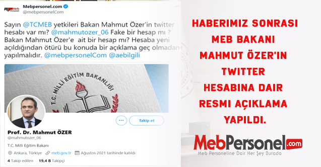 Haberimiz sonrası MEB Bakanı Mahmut Özer'in twitter hesabına dair resmi açıklama yapıldı.