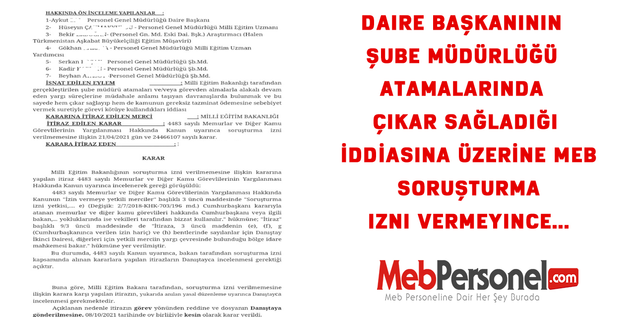 MEB , Şube Müdürlüğü Atamalarında Çıkar Sağladığı İddiasına Soruşturma İzni Vermeyince