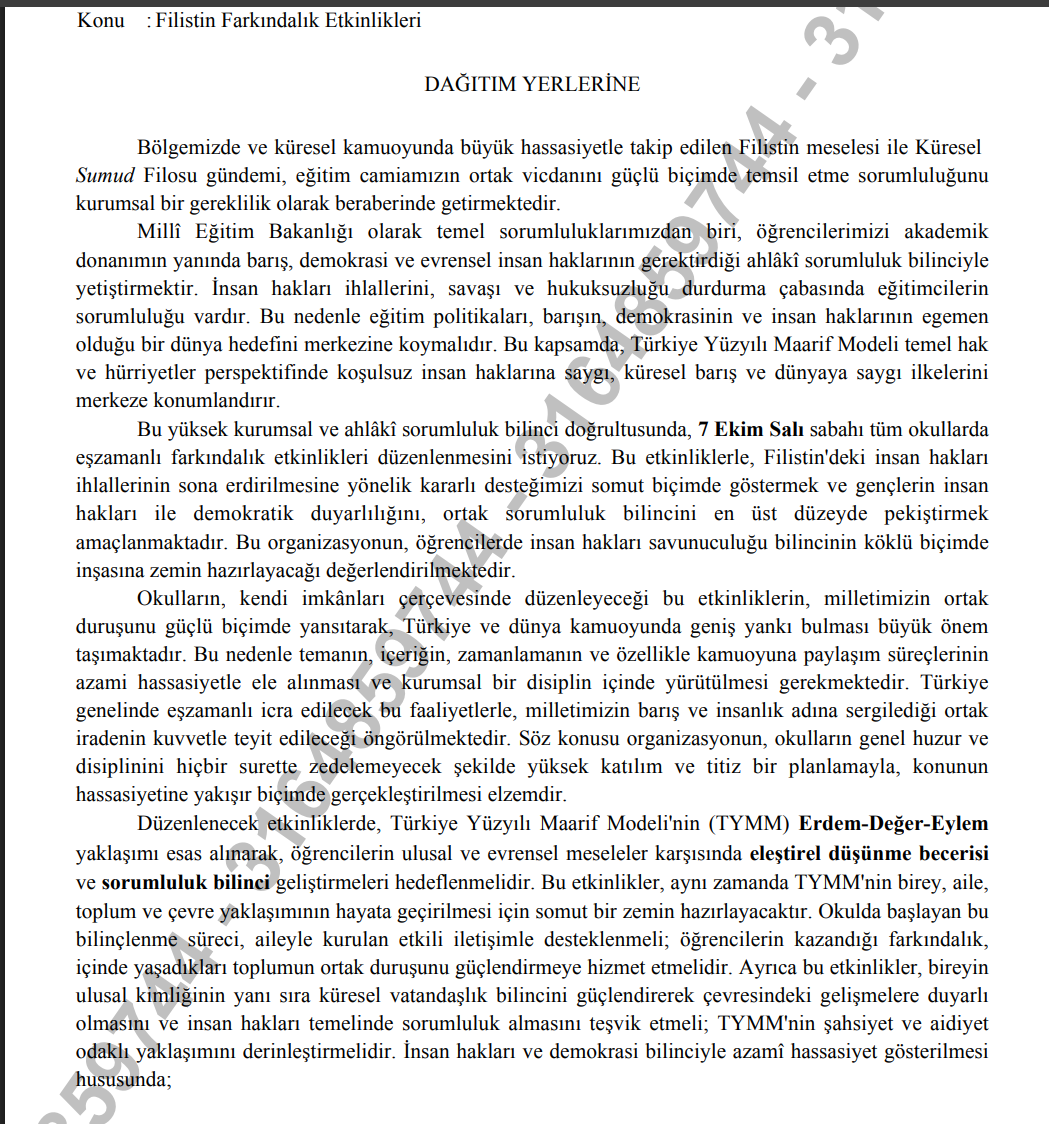 MEB’den Yusuf Tekin İmzalı Resmî Yazı: 7 Ekim’de Tüm Okullarda “Filistin Farkındalık Etkinlikleri” Yapılacak