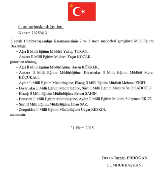 Resmi Gazete'de Yayınlandı:  8 İl Milli Eğitim Müdürünün Asaleten Ataması Yapıldı