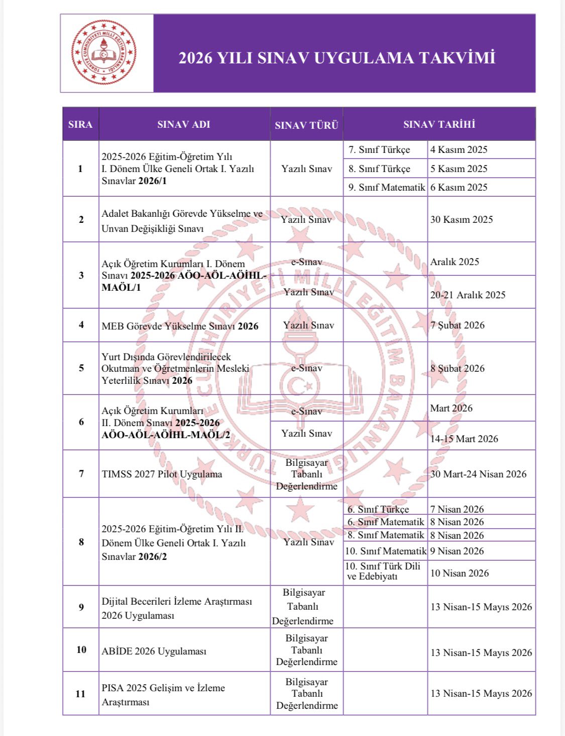 MEB 2026 Yılı Sınav Uygulama Takvimi Yayınlandı