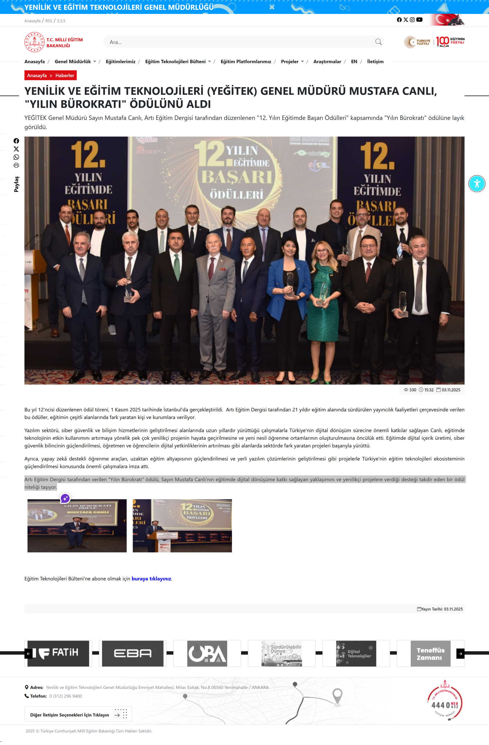 MEB YEĞİTEK GENEL MÜDÜRÜ MUSTAFA CANLI, "YILIN BÜROKRATI" ÖDÜLÜNÜ ALDI