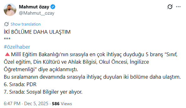 10 Bin Öğretmen Atamasında En Yüksek Kontenjan Alacak İlk 7 Branş Belli Oldu