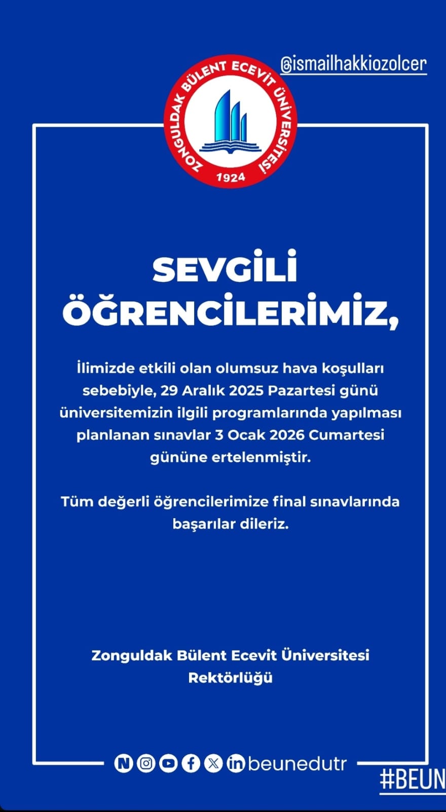 Kar Yağışı Sebebiyle Üniversite Final Sınavları İptal Edildi