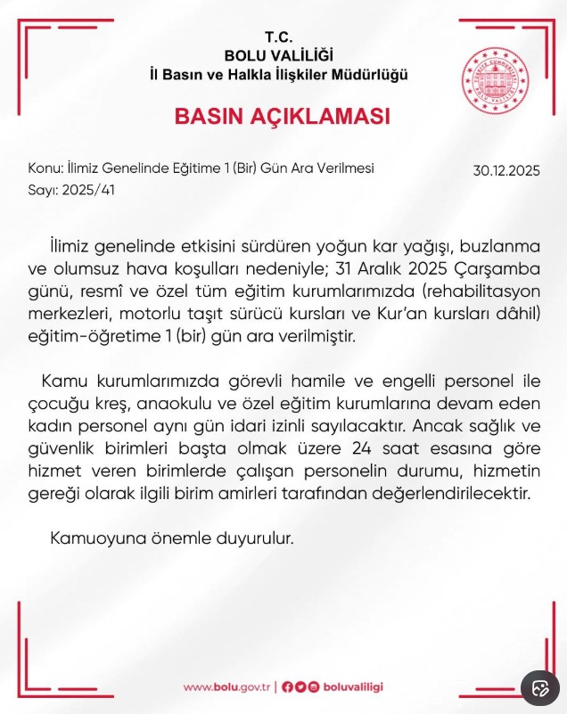 Valiliklerden Peş Peşe Açıklamalar: 31 Aralık Çarşamba 20 İlde Okullar Tatil!