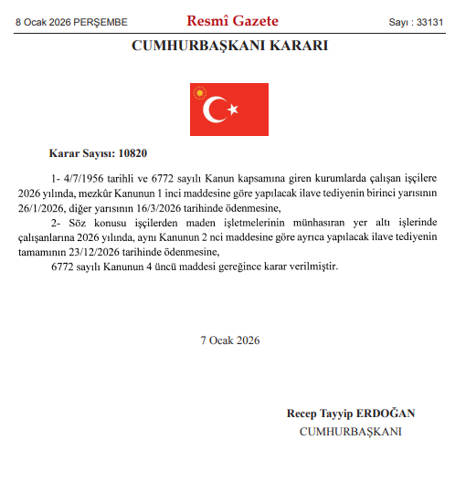 Kamu İşçilerinin 2026 Yılı Tediye Takvimi Resmi Gazete'de Yayımlandı