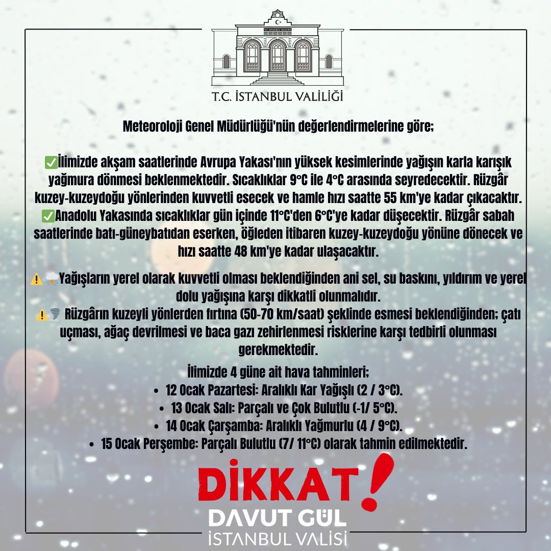 İstanbul Valiliği'nden Yeni Açıklama Geldi: 12 Ocak Pazartesi Günü Okullar Tatil Mi?