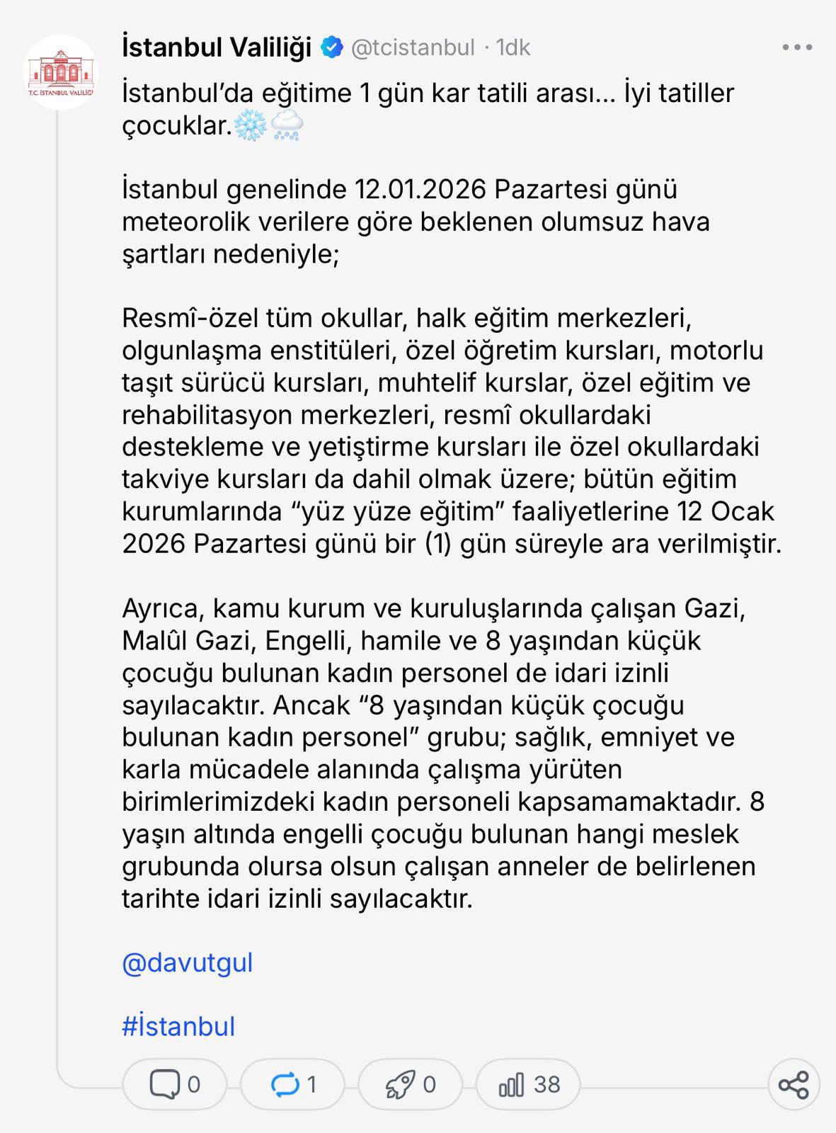 SON DAKİKA | İstanbul’da Kar Tatili İlan Edildi: 12 Ocak Pazartesi Okullar Tatil!