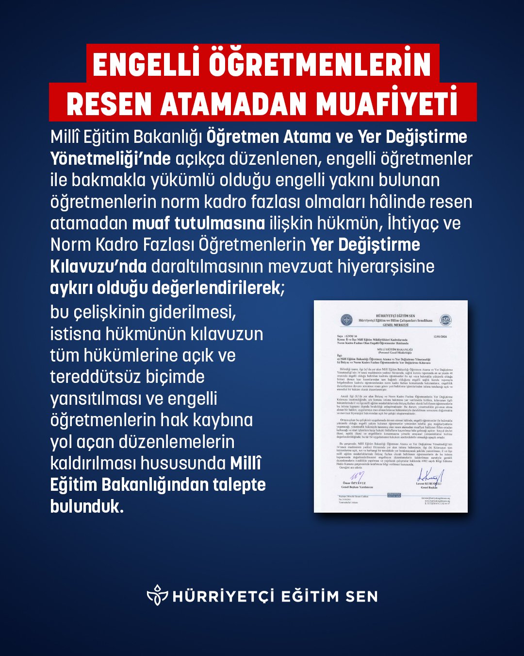 O Öğretmenlerin Resen Atamadan Muaf Olması İçin MEB'e Talepte Bulunuldu