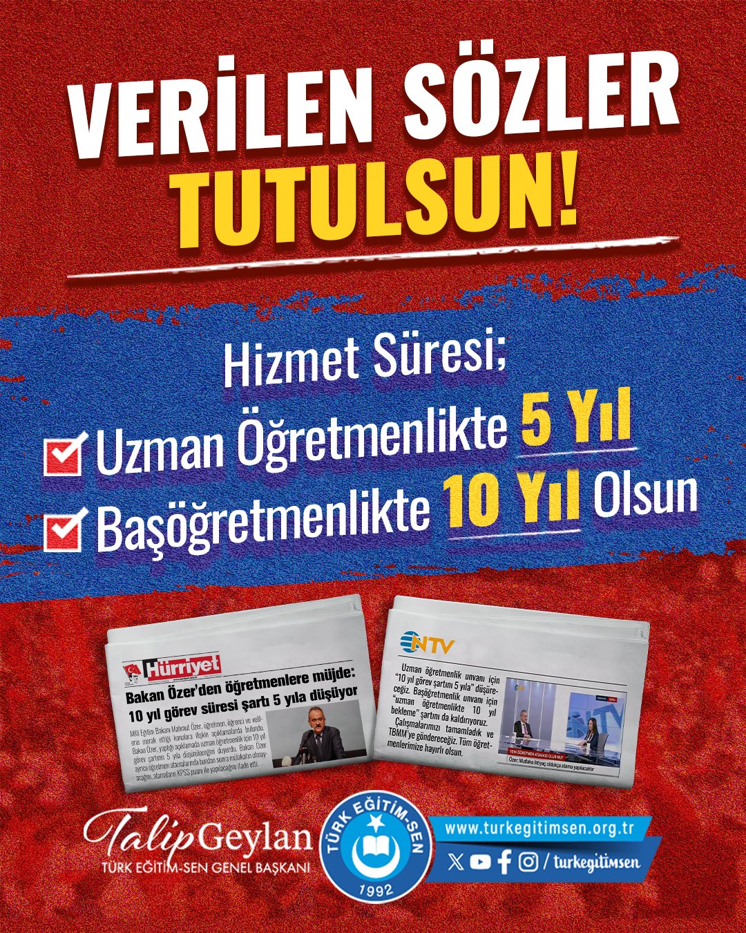 Talip Geylan: "Hizmet Süresi Uzmanlıkta 5, Başöğretmenlikte 10 Yıl Olsun!"