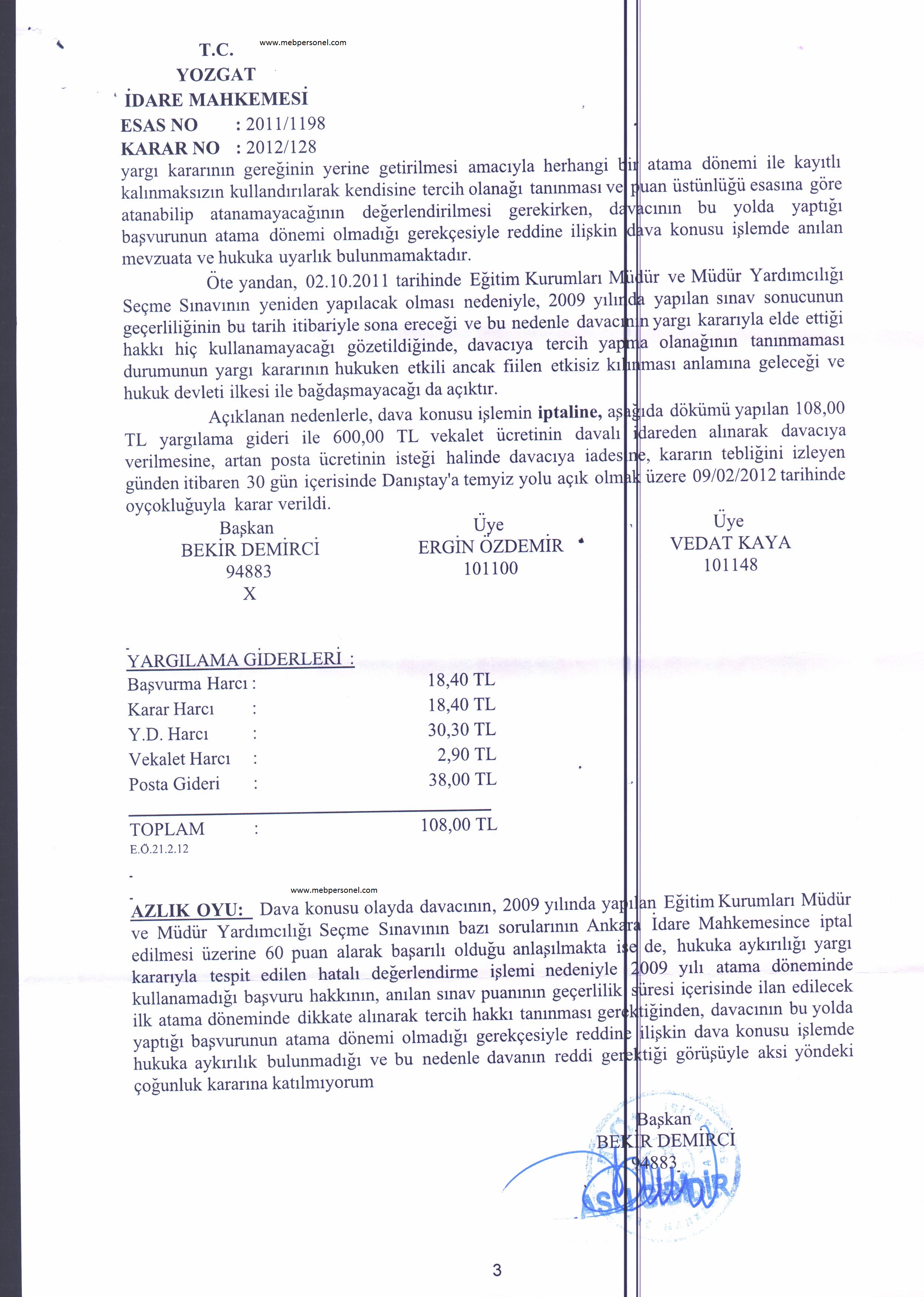  2009 Müdür Yardımcılığı Sınav Puanın Tekrar Değerlendirilmesi i ile İlgili Mahkeme Kararı