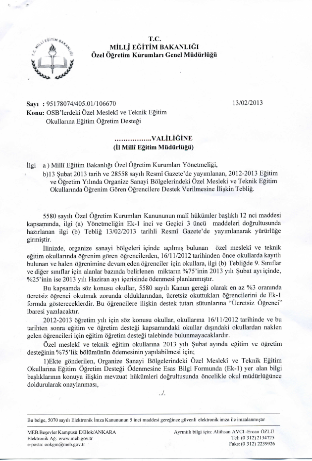 MEB'den, OSB´lerdeki teknik okullara destek yazısı