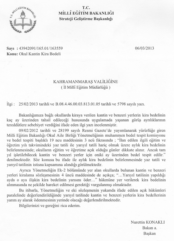 Okul kantin kira bedeli hakkında