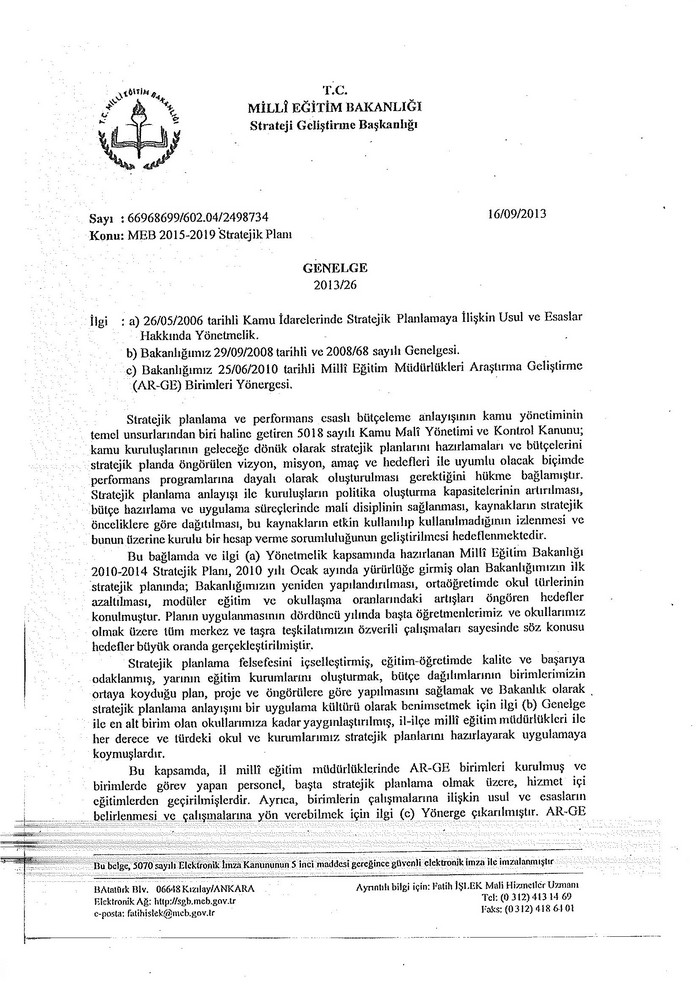 MEB 2015-2019 STRATEJİK PLANI GENELGESİ