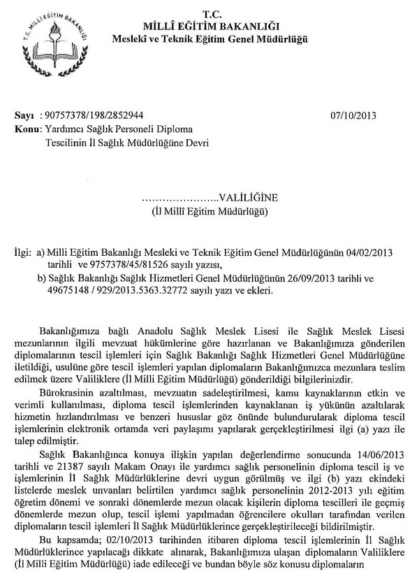 Sağlık meslek liseleri diploma tescilleri il sağlık müdürlüklerine devredildi