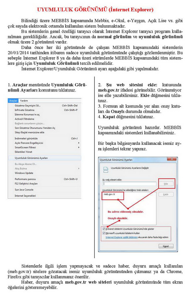MEBBİS kapsamındaki sistemlerin uyumluluk görünümü ayarı
