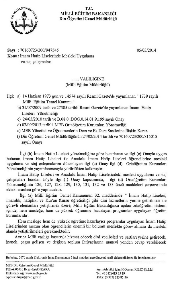 İmam hatip lisesi öğrencisine staj, öğretmene ücret geldi