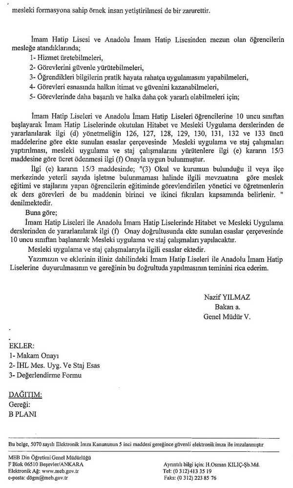 İmam hatip lisesi öğrencisine staj, öğretmene ücret geldi