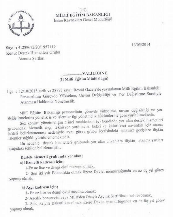 MEB, destek hizmetleri grubuna atanma şartlarını açıkladı