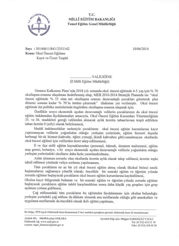 Okul öncesi eğitime kayıt ve ücret tespiti