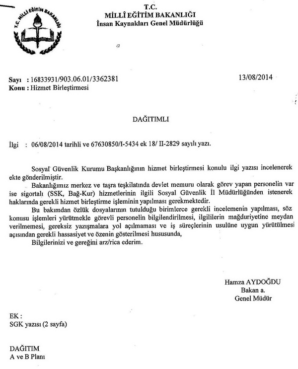 MEB'den hizmet birleştirmesi yazısı