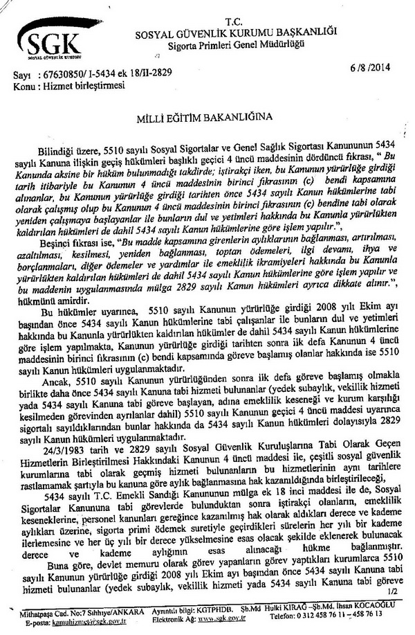 MEB'den hizmet birleştirmesi yazısı