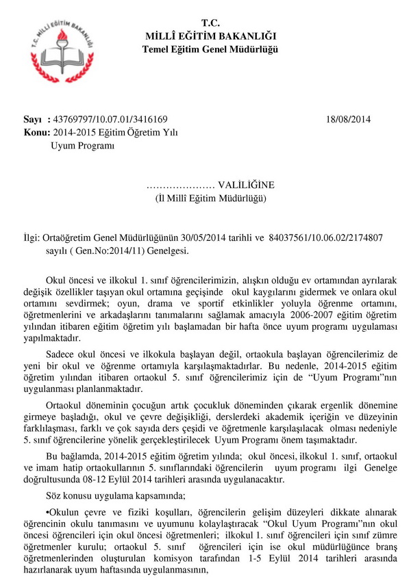 5. sınıflar da okula uyum programında