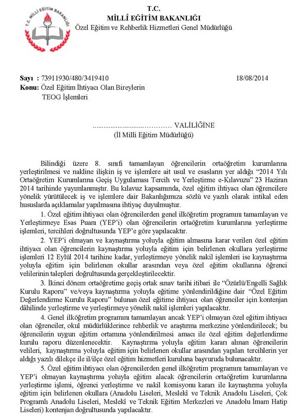 Özel eğitime ihtiyacı olanların TEOG işlemleri