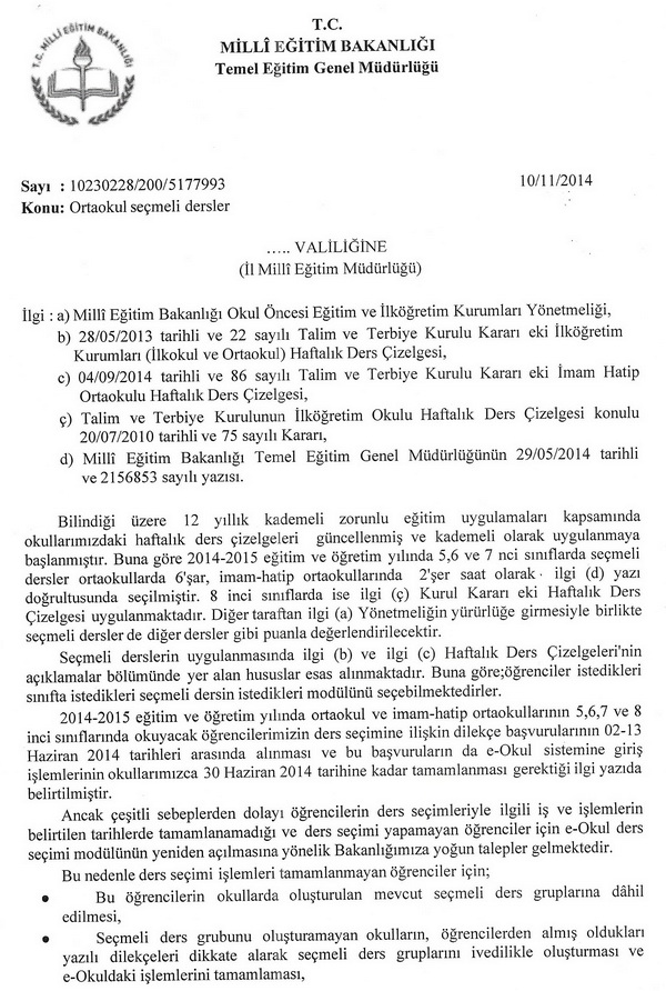 MEB'den ''Ortaokul Seçmeli Dersler'' Açıklaması