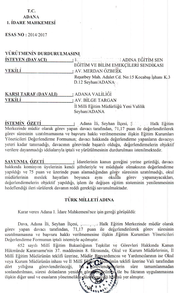 Müdürlük Süresinin Uzatılmamasına Yürütmeyi Durdurma Kararı