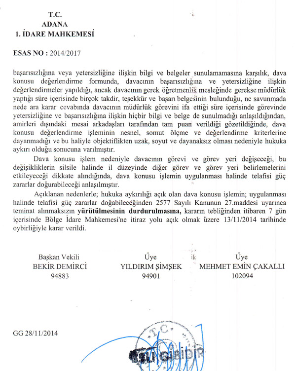 Müdürlük Süresinin Uzatılmamasına Yürütmeyi Durdurma Kararı