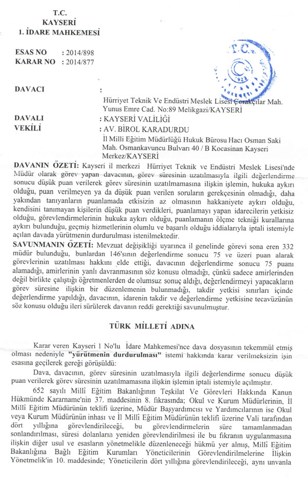 Kayseri'de, müdürlük süresinin uzatılmamasına iptal