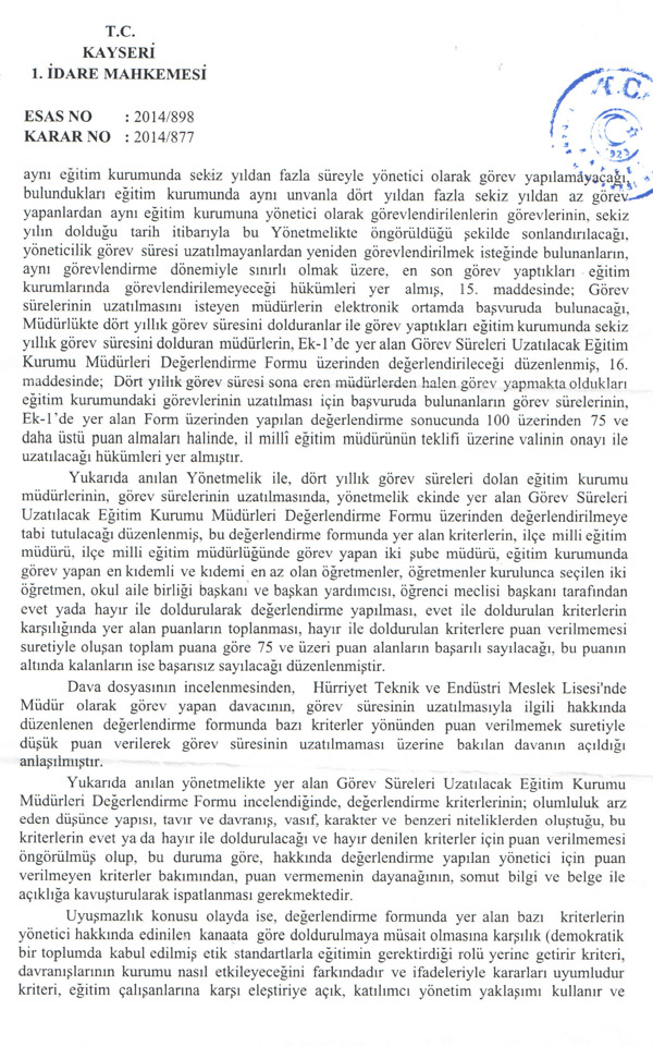 Kayseri'de, müdürlük süresinin uzatılmamasına iptal