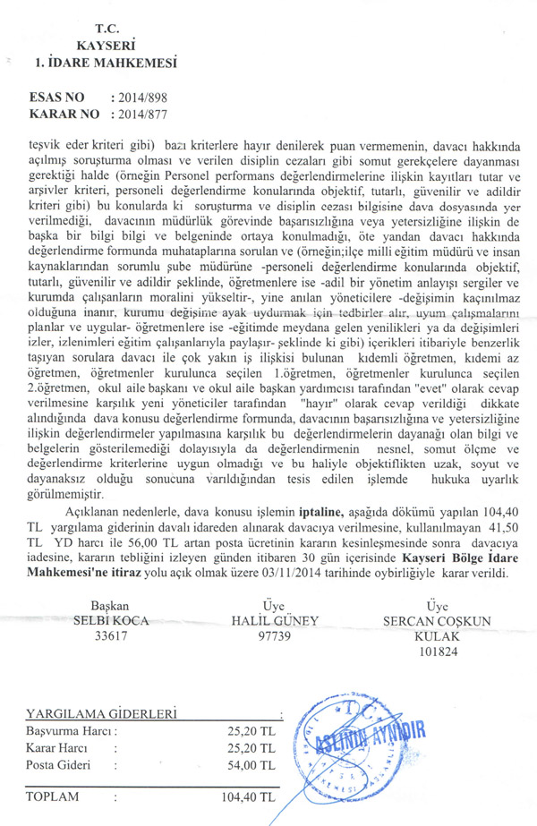 Kayseri'de, müdürlük süresinin uzatılmamasına iptal