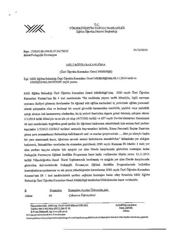 PEDAGOJİK FORMASYON KONTENJANLARI